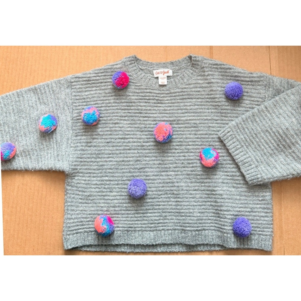 Cat & Jack Pom Pom Sweater Girls S 6/6X Gray Colorful Whimsigoth Ribbed Knit Top